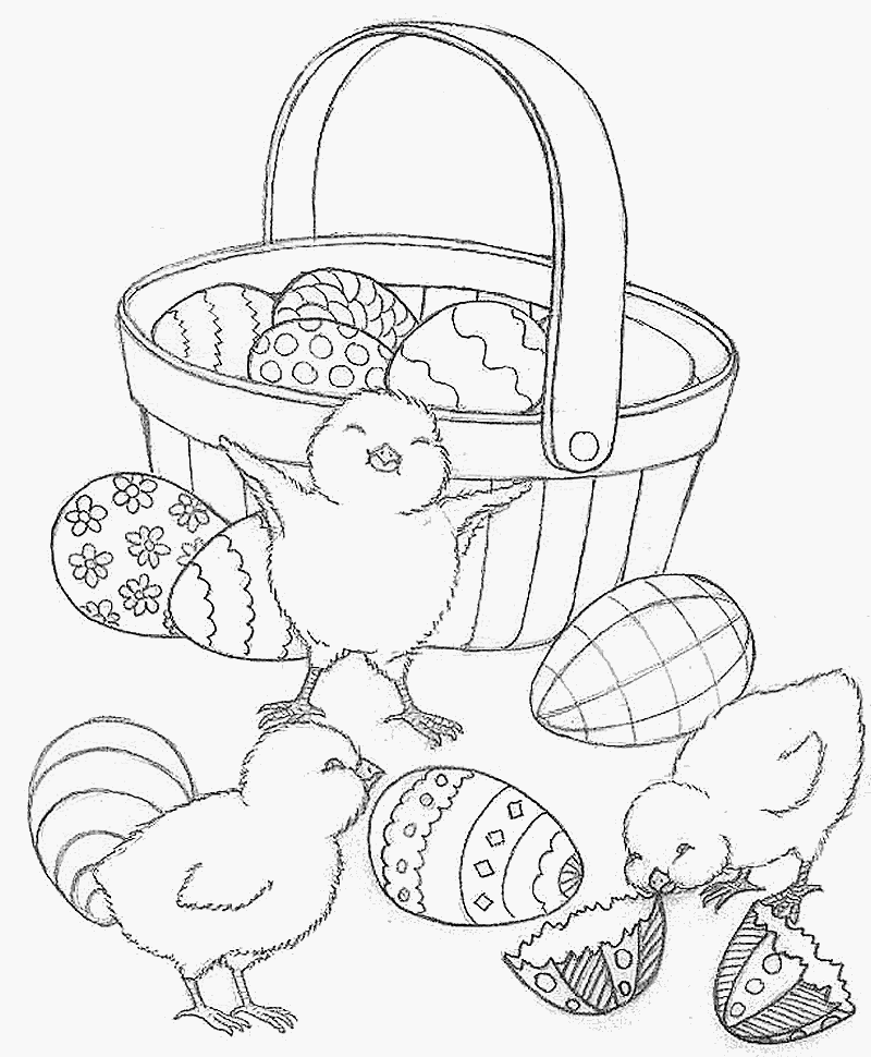 coloriage panier de poussins et oeufs de paques